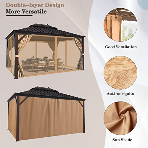 EROMMY 14'x20' Hardtop Gazebo Double Roof Galvanized Steel Canopy Outdoor Aluminum Frame Permanent Metal Pavilion with Netting and Curtains for Patio Backyard Deck and Lawns