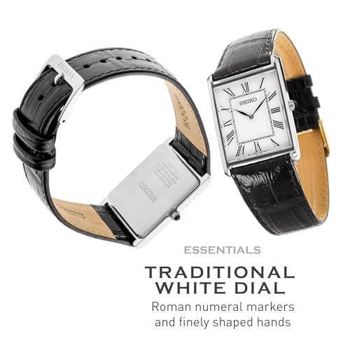SEIKO Essentials Watch for Men - Essentials - Water Resistant with Stainless Steel Rectangular Case and Leather Strap