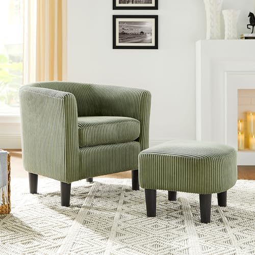 Accent Chair with Ottoman, Modern Barrel Comfy Corduroy Fabric Armchair and Footrest Set, Single Sofa Chair Upholstered Round Arms Chair for Living Room Bedroom Reading Room Office, Green