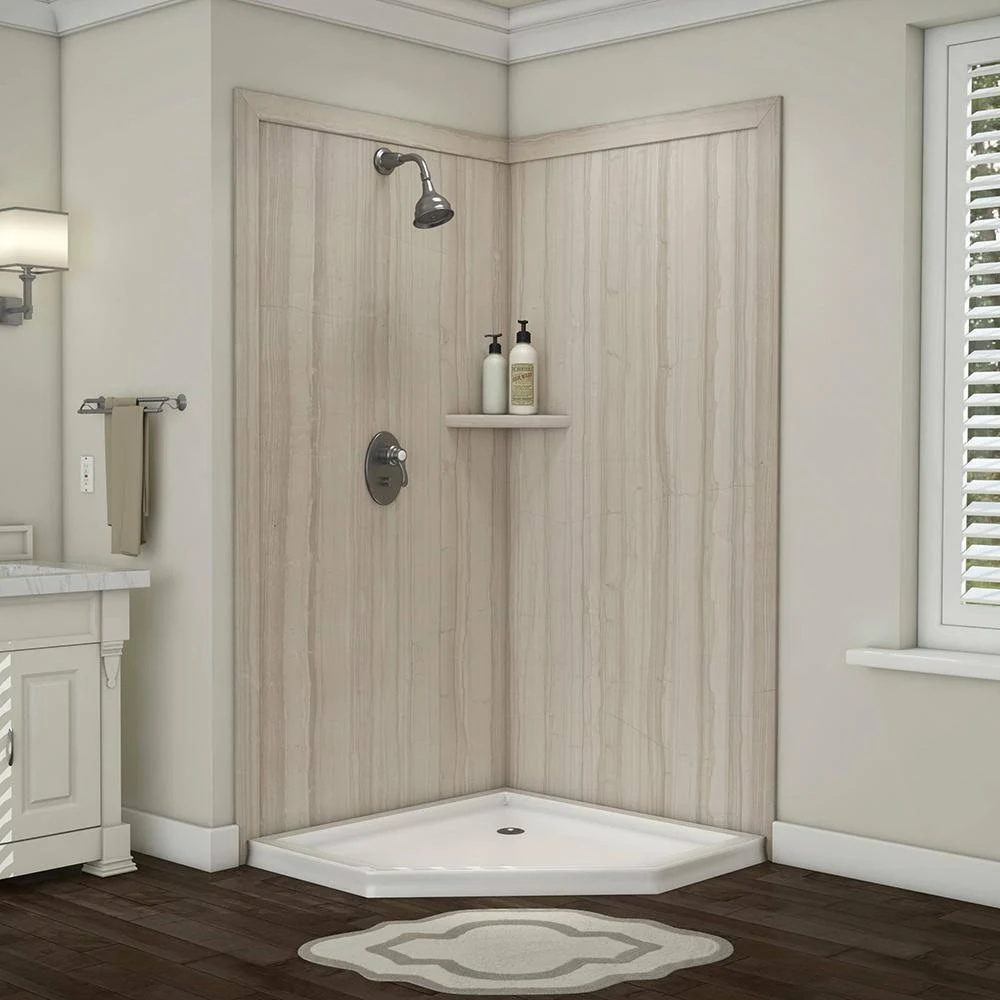 FlexStone Splendor 40 in. x 40 in. x 80 in. 7-Piece Easy Up Adhesive Corner Shower Wall Surround in Athens