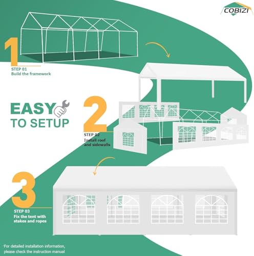 COBIZI 20x40 Party Tent Heavy Duty, Galvanized Wedding Tent, Event Shelter for Parties, Outdoor with Removable Sidewall & Built-in Sandbag, Carpas para Fiestas, Large Canopy, Waterproof, White
