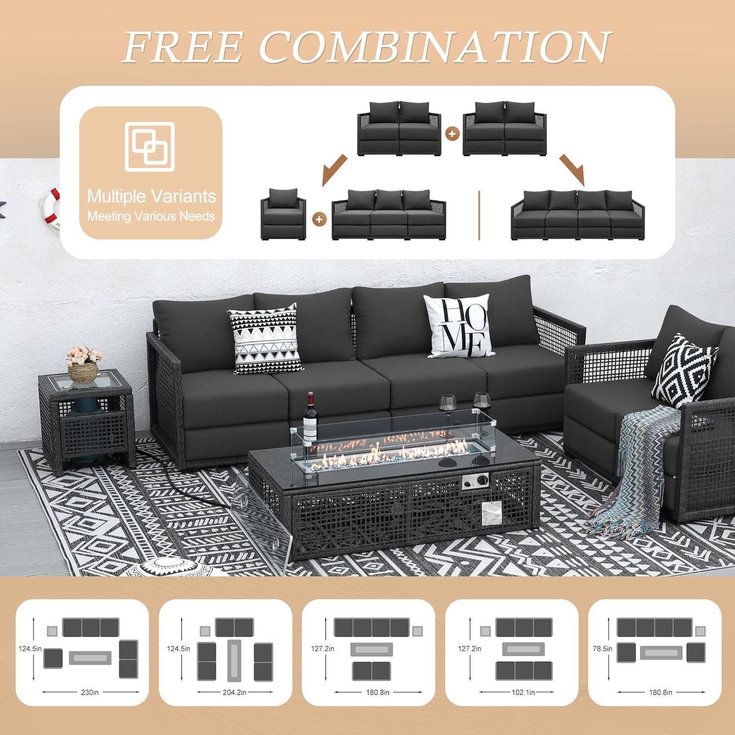 NICESOUL® 10 Piece Patio Furniture Set with Fire Pit Table Large Size Wicker Outdoor Sectional Luxury Rattan Conversation Sets Modular Sofa with Propane/Natural Gas Convert for Pool Lawn Grey