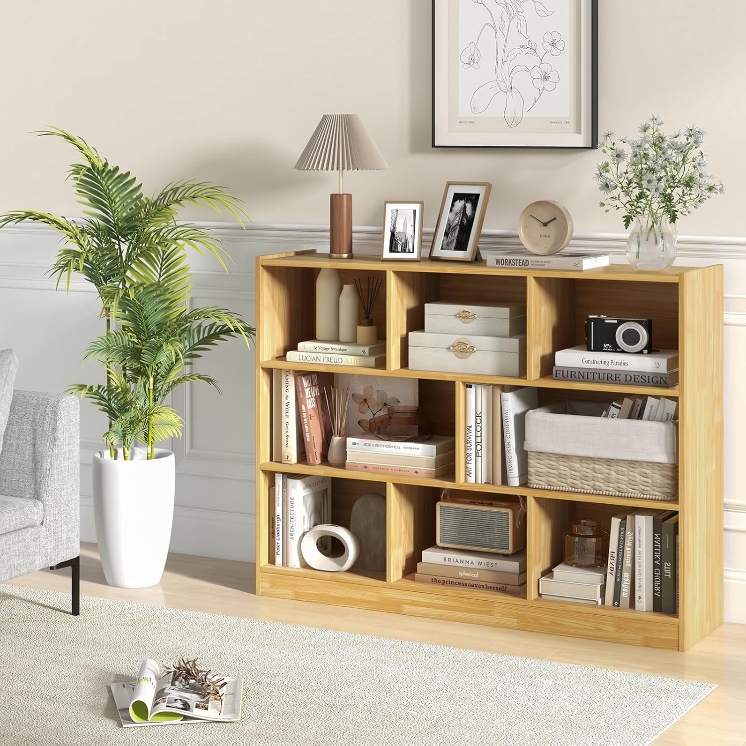 8 Cube Bookcase, 3-Tier Horizontal Bookshelf, Wooden Cube Storage Organizer for Home Office, Children's Rooms, Classroom, Under Winder Bookshelf (Yellow, 48” x 12.5” x 36.5”)