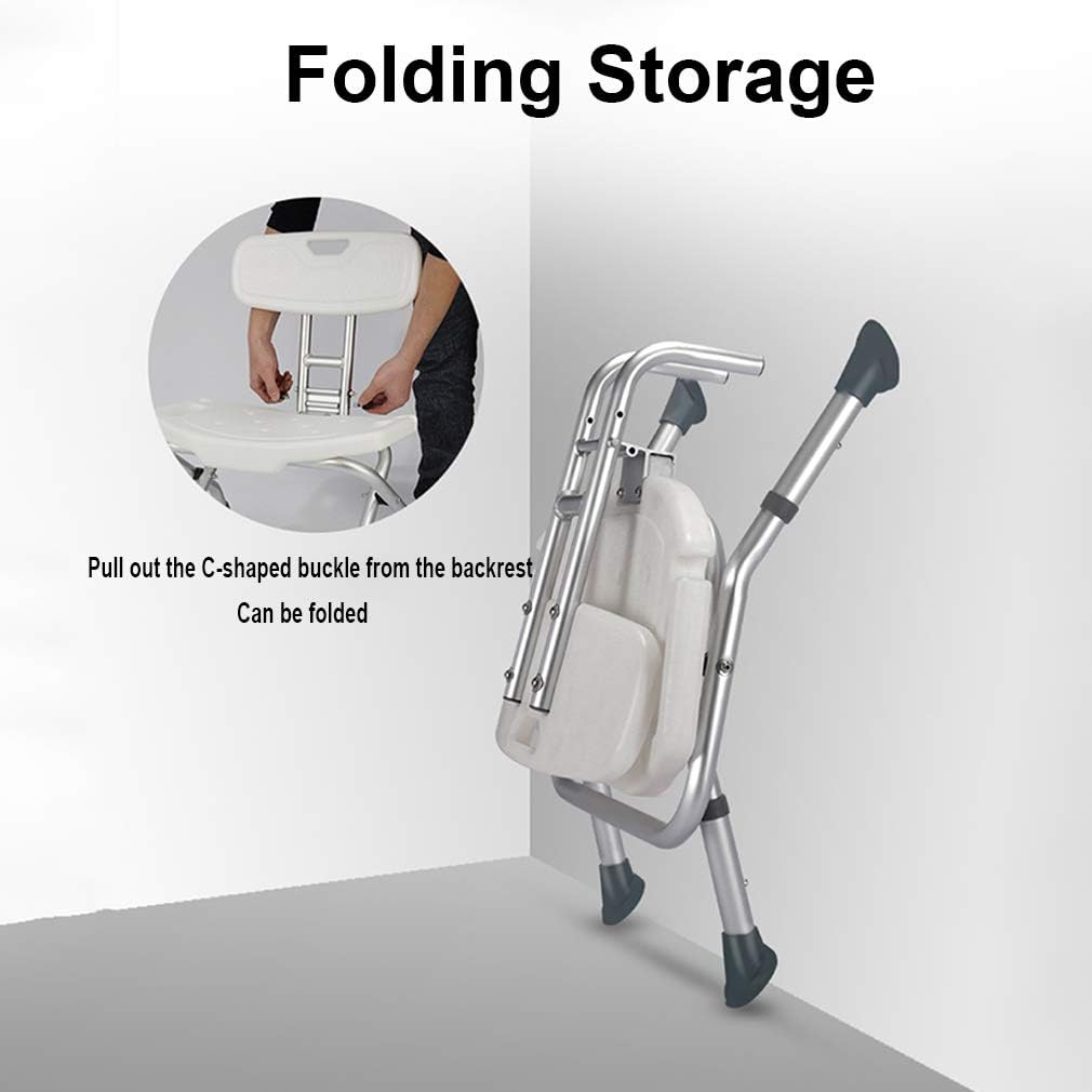 Elderly Bath Stool, Folding Bath/Shower Bench with Back Elderly Bath Chair Shower Stool Safety Seat Bathroom Adjustable Positions 37-41Cm with Anti-Slip Rubber Feet for Travelling and Compact