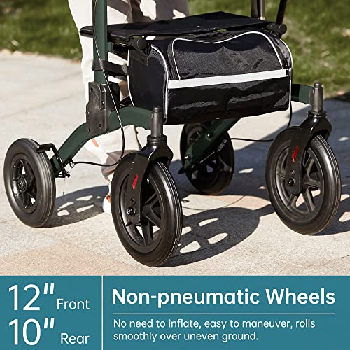 ELENKER All-Terrain Upright Rollator Walker, Stand up Rolling Walker with Seat, 12” Non-Pneumatic Tire Wheels, Compact Folding Design for Seniors, Green