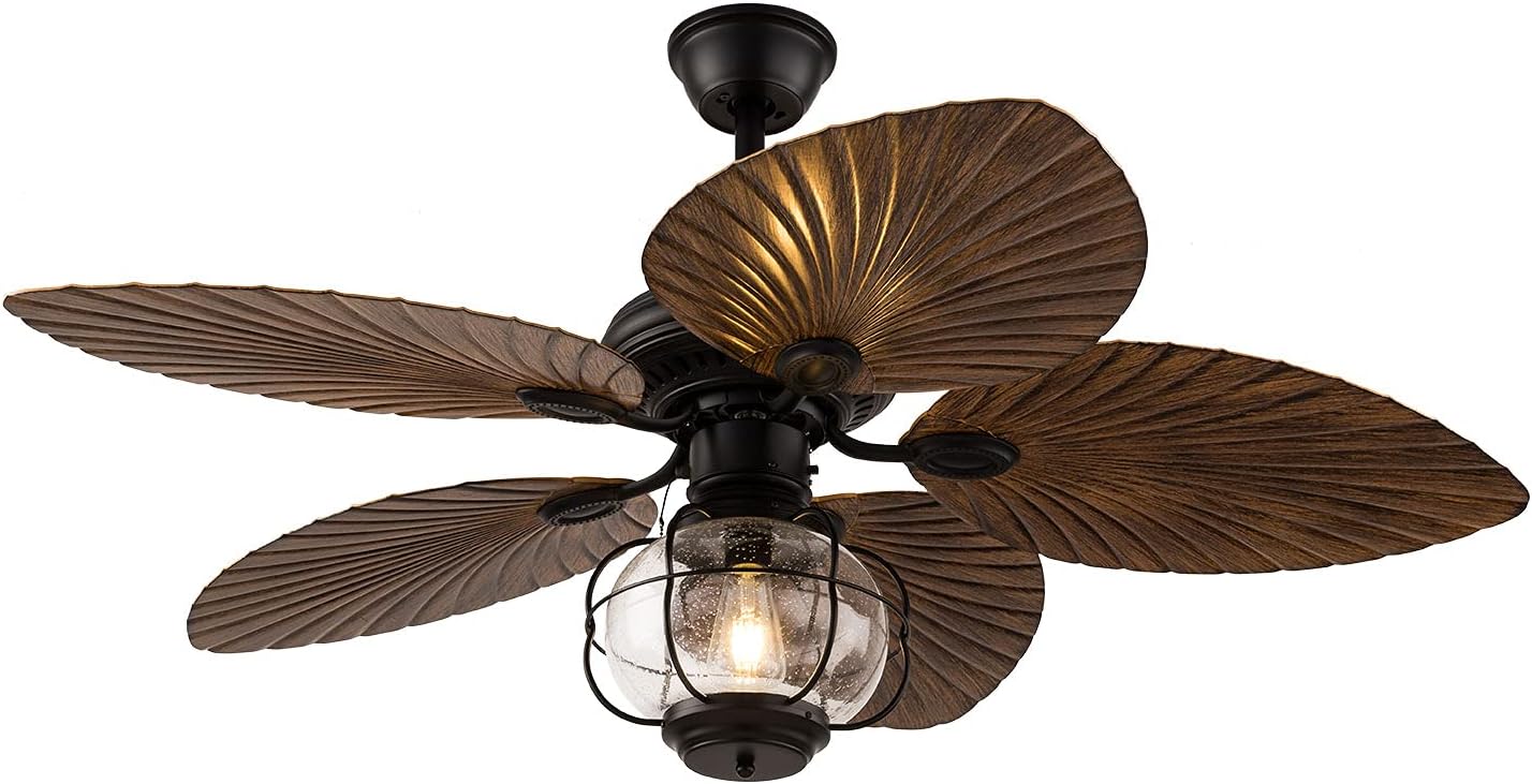 Tropical Ceiling Fans with Light 52 Inch Palm Leaf Ceiling Fan 5 ABS Palm Blades Glass Lampshade Chandelier Lighting Fixture 3-Speed Changes w/Remote Reversible for Kitchen Bedroom Living Room