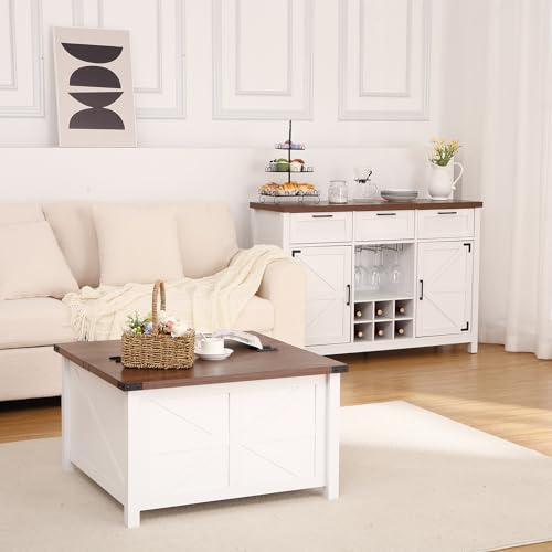 48” Farmhouse Buffet Cabinet - Sideboard with 3 Drawers, 2 Barn Doors, Wine & Glass Rack, Storage Shelves, Ideal for Dining Room, Kitchen, Living Room
