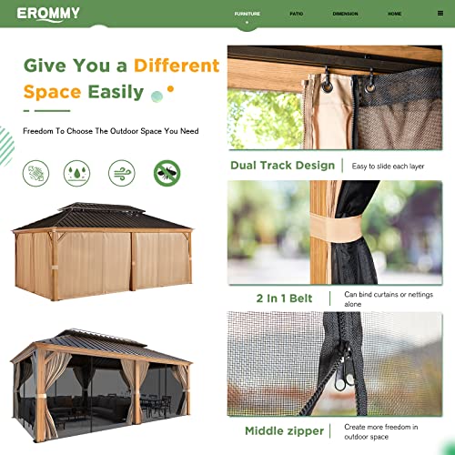 EROMMY 14'x20' Hardtop Gazebo Double Roof Galvanized Steel Canopy Outdoor Aluminum Frame Permanent Metal Pavilion with Netting and Curtains for Patio Backyard Deck and Lawns