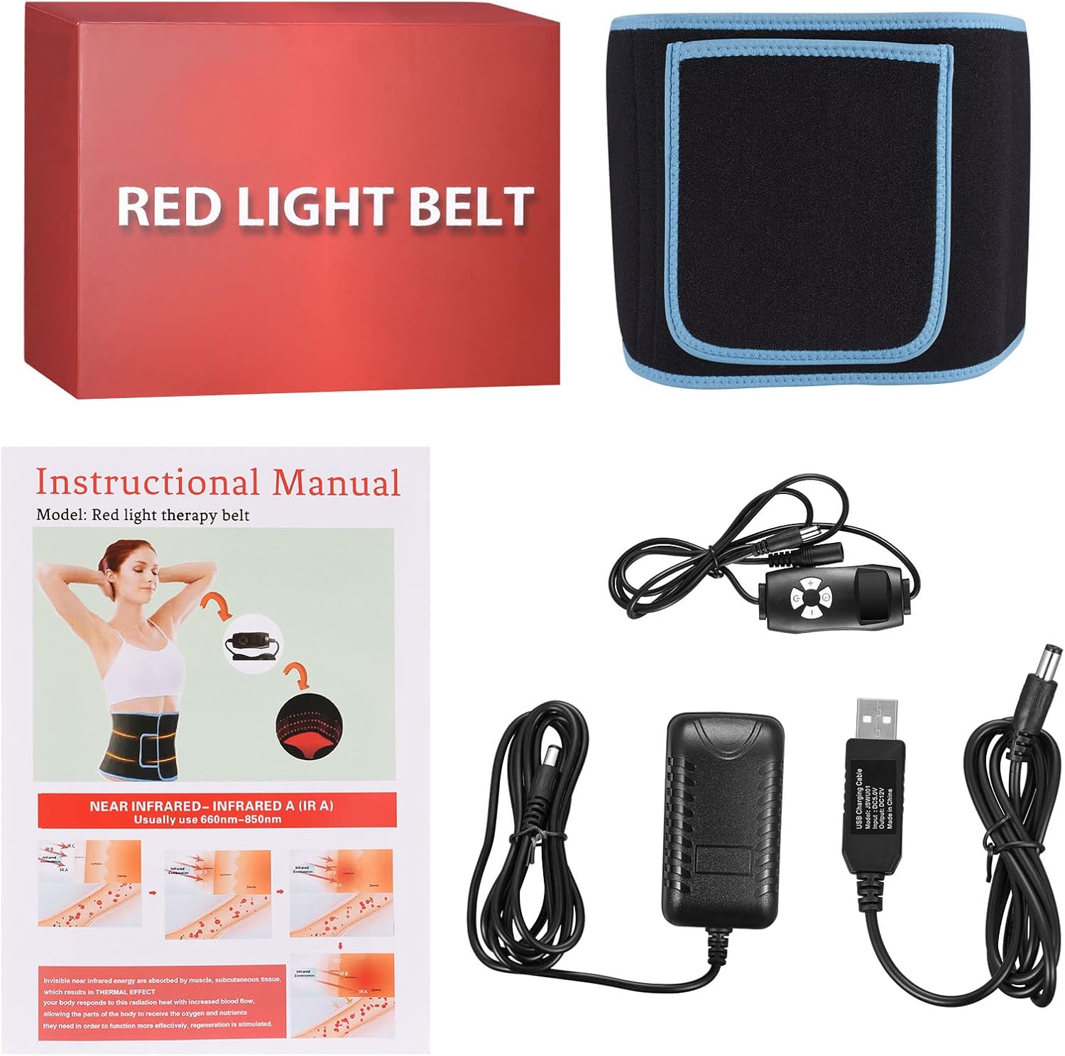 Red Infrared Light Therapy Device, Waist Belt,660nm LED Red Light and 850nm Near-Infrared Light are Used for Pain Relief and Muscle Relaxation,Red Light Therapy for Body(Blue）.