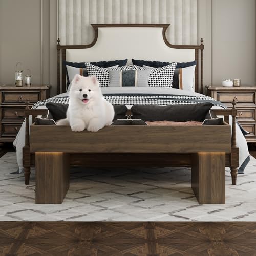 Modern Wooden Pet Bed with 2 Cushions and Led Light, Elevated Dog Bed for Small and Medium, Pet Furniture with Storage, Walnut