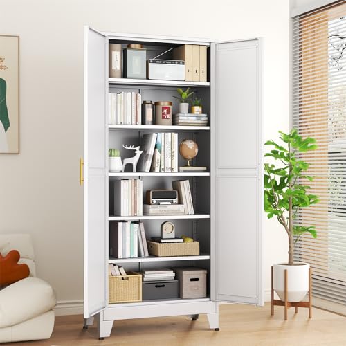 75.2”H Pantry Storage Cabinet, Kitchen Storage Cabinets with Adjustable Feet and Shelves, Metal Pantry Cabinet for Kitchen, Living Room, Laundry Room and Dinning Room