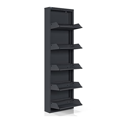5 Tier Metal Shoe Cabinet with Cover, Durable Shoe Storage Organizer for Entryway, Space Saving Shoe Shelf Closet with Front Ventilation Holes, 5.91" x 66.5" x 19.68", Anthracite