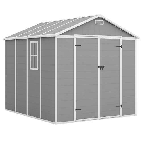 Outdoor Storage Shed, 6x6 FT Resin Shed with Floor and Lockable Door, Window, Vents, Tool Sheds and Outdoor Storage for Bike, Garden Accessories, Tools, Waterproof (Grey & White)