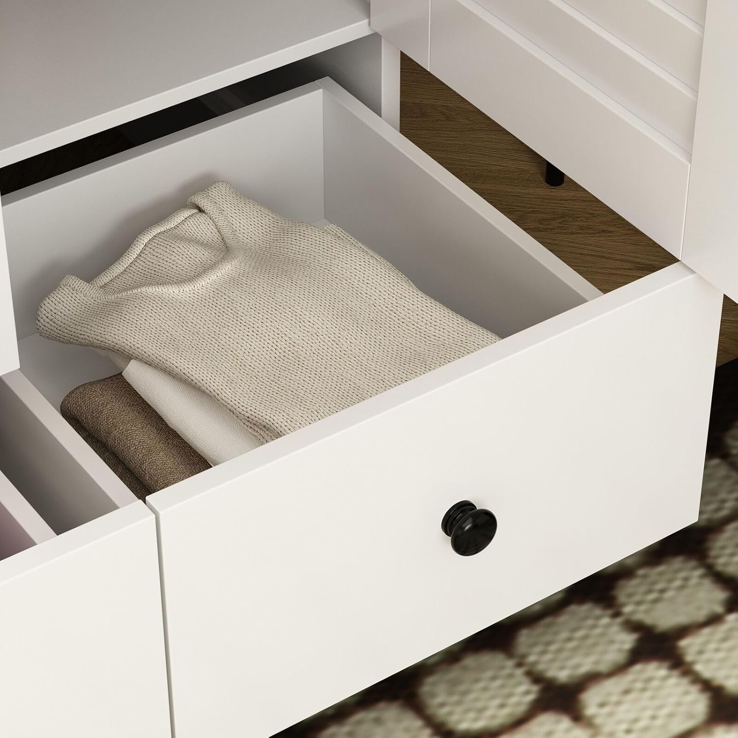 Rustic White Large Capacity Slat Door Wardrobe Closet with 5 Drawers and 4 Doors Roomy Storage, E355142988740
