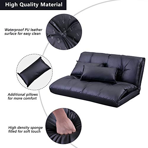 Futon Floor Sofa 5-Position Folding Chaise Lounge w/Adjustable Back&Steel Frame for Gaming Video,Multi-functional Lazy Sofa Sleeper Bed w/2 Lumbar Pillows&Thick Cushion for Living Room Bedroom (Black)