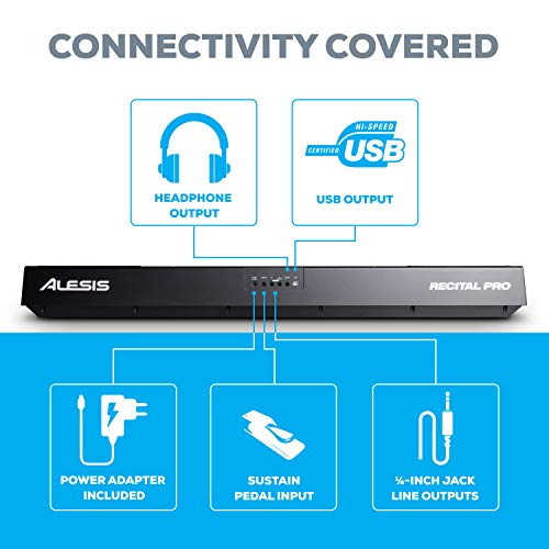 Alesis Recital Pro - 88 Key Digital Piano Keyboard with Hammer Action Weighted Keys, 2x20W Speakers, 12 Voices, Record and Lesson Mode, FX and Display