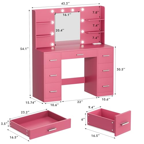 Vanity Desk with LED Lighted Mirror&Power Outlet, 3 Model Lights Makeup Vanity Table with 7 Drawers and 6 Storage Shelves for Bedroom and Dressing Room (Black)