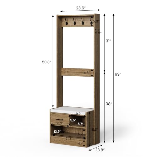 Hall Tree with Bench, Entryway Bench with Coat Rack, Shoe Storage, Soft Cushion, Wood Entryway Furniture, White