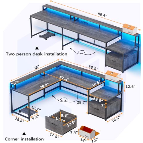 SEDETA L Shaped Gaming Desk, 66" Home Office Desk with File Drawer & Power Outlet, Corner Gaming Computer Desk with Led Lights, Monitor Shelf and Printer Storage Shelves, Two Person Desk, Black