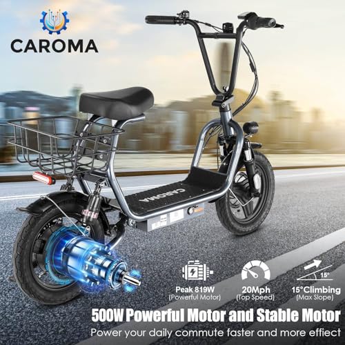 Caroma Peak 500W/800W/1200W Electric Scooter with Seat, Max 15/20/30Miles Range&20MPH, 14" Tires Foldable Adult Electric Scooter with Basket for Pets & Cargo, Dual Shock Absorbing Ebike for Commuting