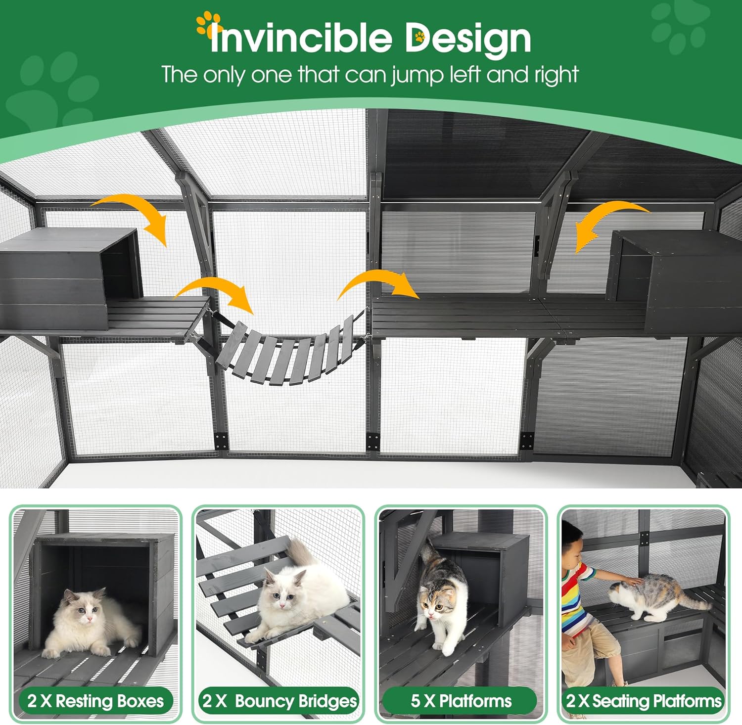 Large Cat Cage Outdoor Wooden Catio Enclosure Patio Large Cat Run House for Multiple Pets Walk in Kitten Kennel with with Bridges, Walks, Small Houses 108.7''Outdoor Indoor Cats with Weatherproof Roof