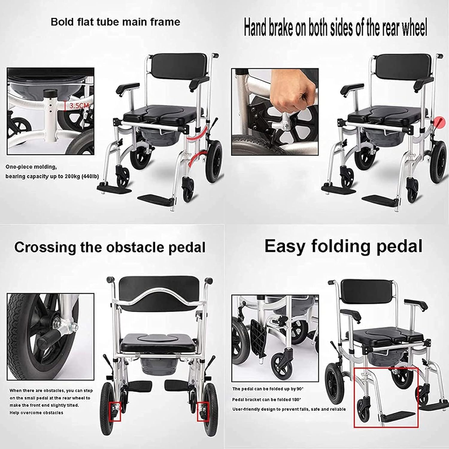 KOHARA Commode Shower Chair with Wheels, Bedside Commode/Wheelchair Padded Toilet Seat Shower Transport Chair with Arms Wheels Pedal Portable Aluminum Bath Chair for Elderly Disabled Pregnant