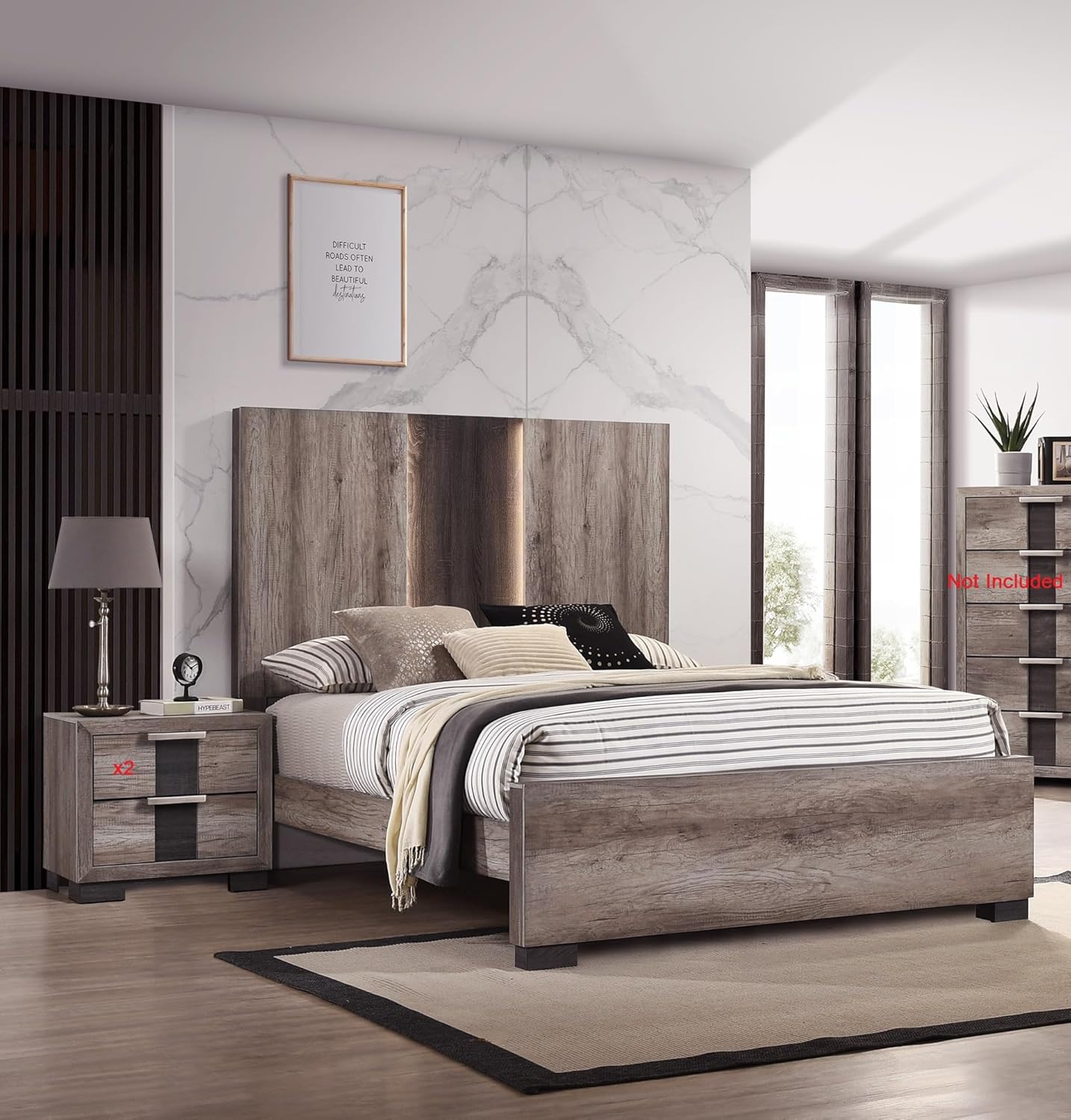 3Pc Beautiful Bedroom Set Brown Gray Two-Tone Finish Queen Size LED Light HB Bed 2X Nightstand Solid Wood Wooden Furniture
