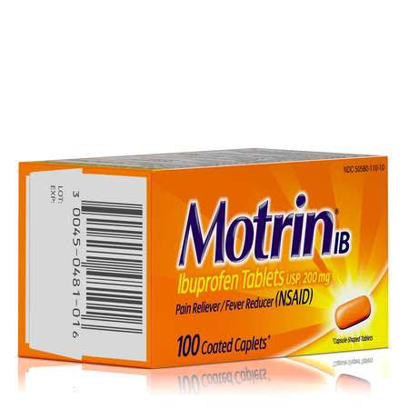 Motrin 048101 Ibuprofen Caplets, 200mg 100 Count, PK48