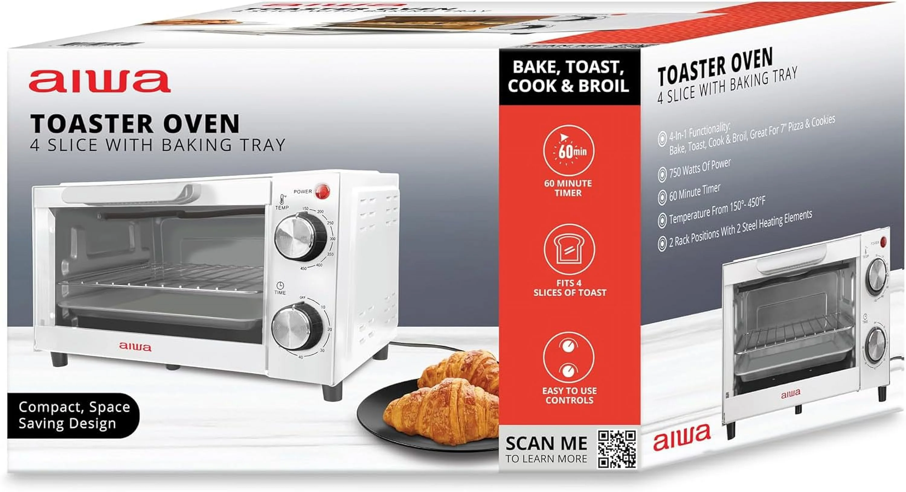 750W Toaster Oven 4 Slice With Baking Tray, Bake Toast Cook And Broil, Temperature Control, 60 Minute Timer Knob, Automatic Shutoff, Baking Tray And Crumb Tray Included