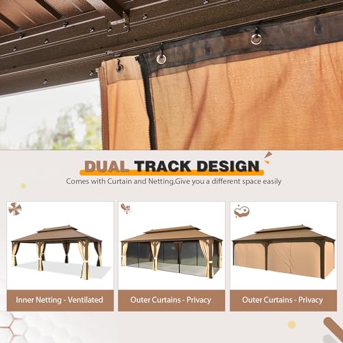 EROMMY 14'x20' Hardtop Gazebo Double Roof Galvanized Steel Canopy Outdoor Aluminum Frame Permanent Metal Pavilion with Netting and Curtains for Patio Backyard Deck and Lawns