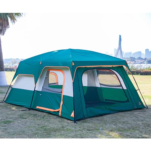 KTT Extra Large Tent 10-12-14 Person(Style-B),Family Cabin Tents,2 Rooms,3 Doors and 3 Windows with Mesh,Straight Wall,Waterproof,Double Layer,Big Tent for Outdoor,Picnic,Camping,Family Gathering