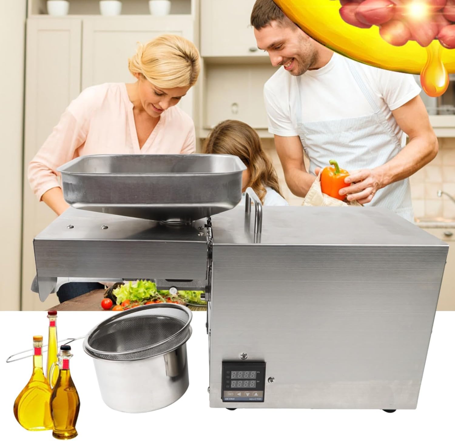 1500W Oil Press Machine Oil Expel, Stainless Steel Electric Automatic Cold Hot with Intelligent Control Panel/LCD Touch Screen/Food Grade Stainless Steel, Oil Extractor
