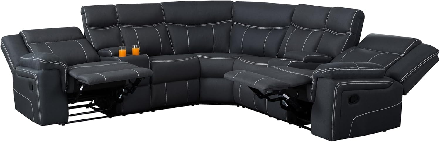 Manual Motion Sectional Sofa Living Room Furniture Sets L-Shaped Corner 5 Seaters Recliner Sofa&Couch Curved Upholstered Couch with 2 Console Storage and 4 Cup Holders for Home Theater, Black