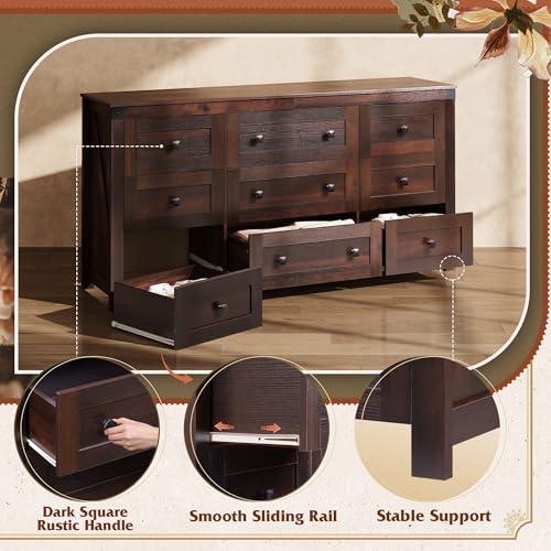 WLIVE 9 Drawer Dressers, Modern Large Wood Dresser Chest for Bedroom Organize with Sturdy Metal Handle, TV Stand for 75 inch TV, Living Room Office, Hallway, Ball Bearing Slide, Grey Oak (63" W)