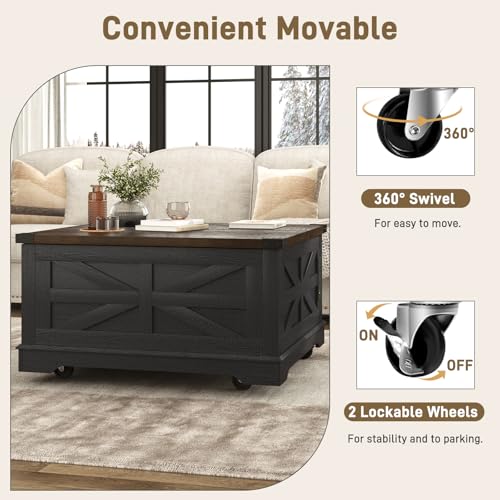 36" Farmhouse Movable Lift Top Coffee Table with Storage and Power Outlets, Square Wood Living Room Tables with Wheels&Large Hidden Space, Lift Wooden Barn Door Center Table, White