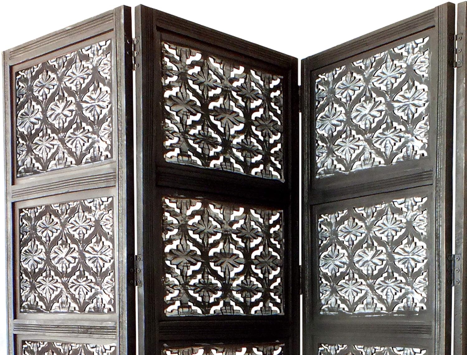 TUP The Urban Port , Black and White Four Panel Mango Wood Room Divider with Traditional Carvings