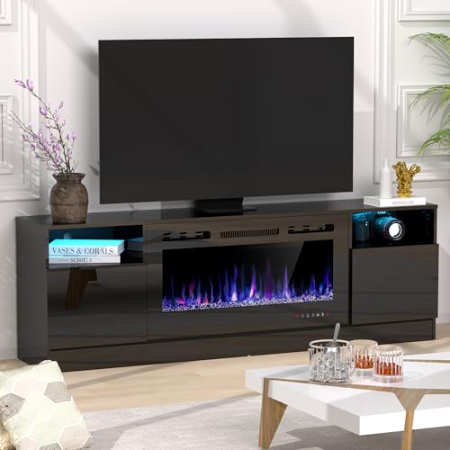70" Fireplace TV Stand for TVs Up to 80" with 36" Electric Fireplace, TV Console for The Living Room, LED Light Entertainment Center, Storage Cabinet, Media Console Table, White