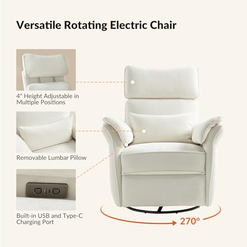 HULALA HOME Glider Recliner Nursery Chair with Adjustable Armrests & Headrest, Modern Power Recliner with USB Port & Storage Bags, Swivel Rocker Recliner for Nursing Room Bedroom, Grey