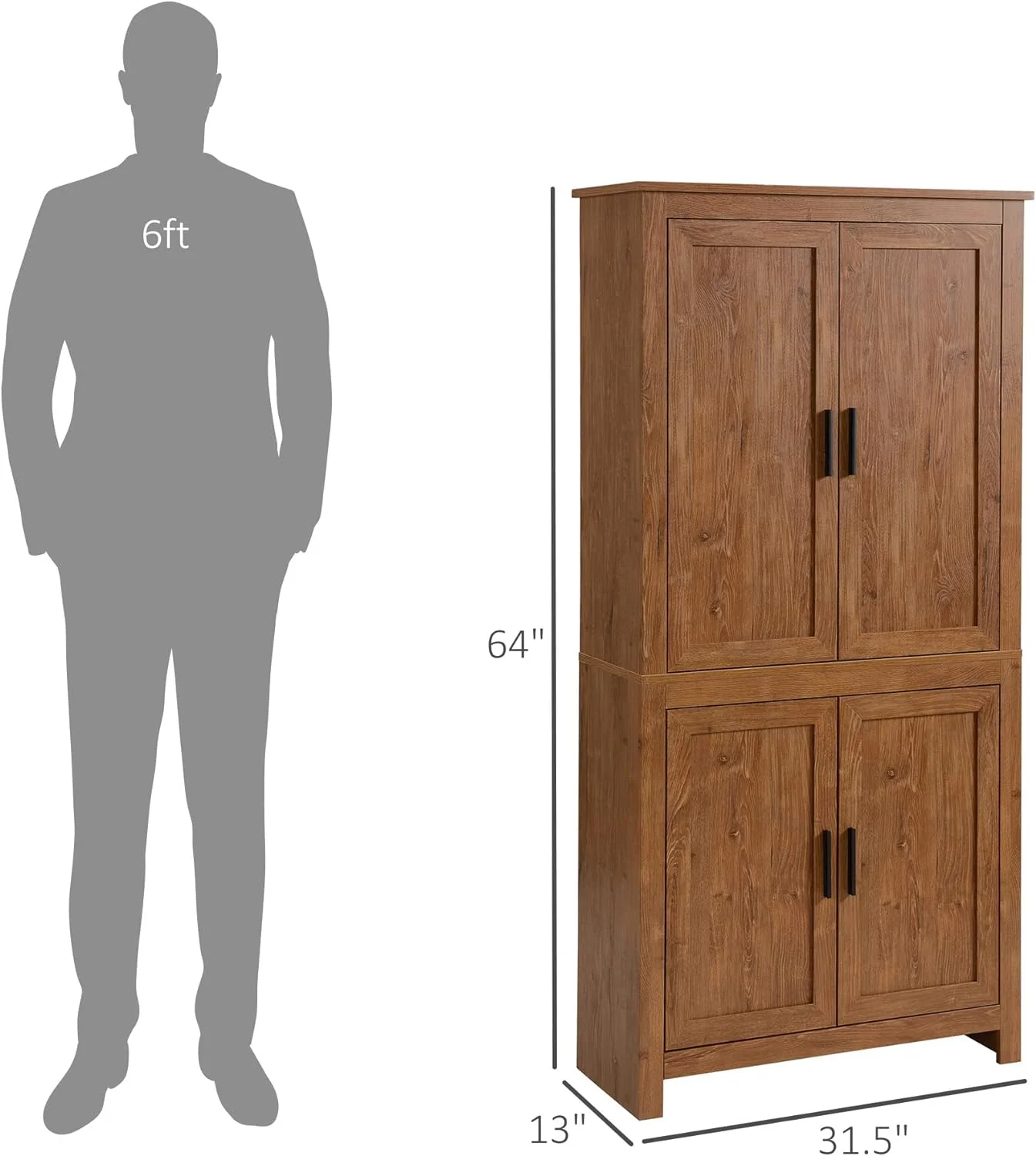 64" 4-Door Kitchen Pantry, Freestanding Storage Cabinet with 3 Adjustable Shelves for Kitchen, Dining or Living Room, Oak