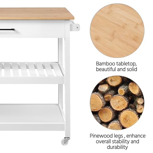 Yaheetech Kitchen Island Cart on Wheels with Bamboo Tabletop, 3-Tier Rolling Kitchen Island Microwave Cart with Drawer, Detachable Towel, 3 Hooks, 17" D x 37.5" W, White