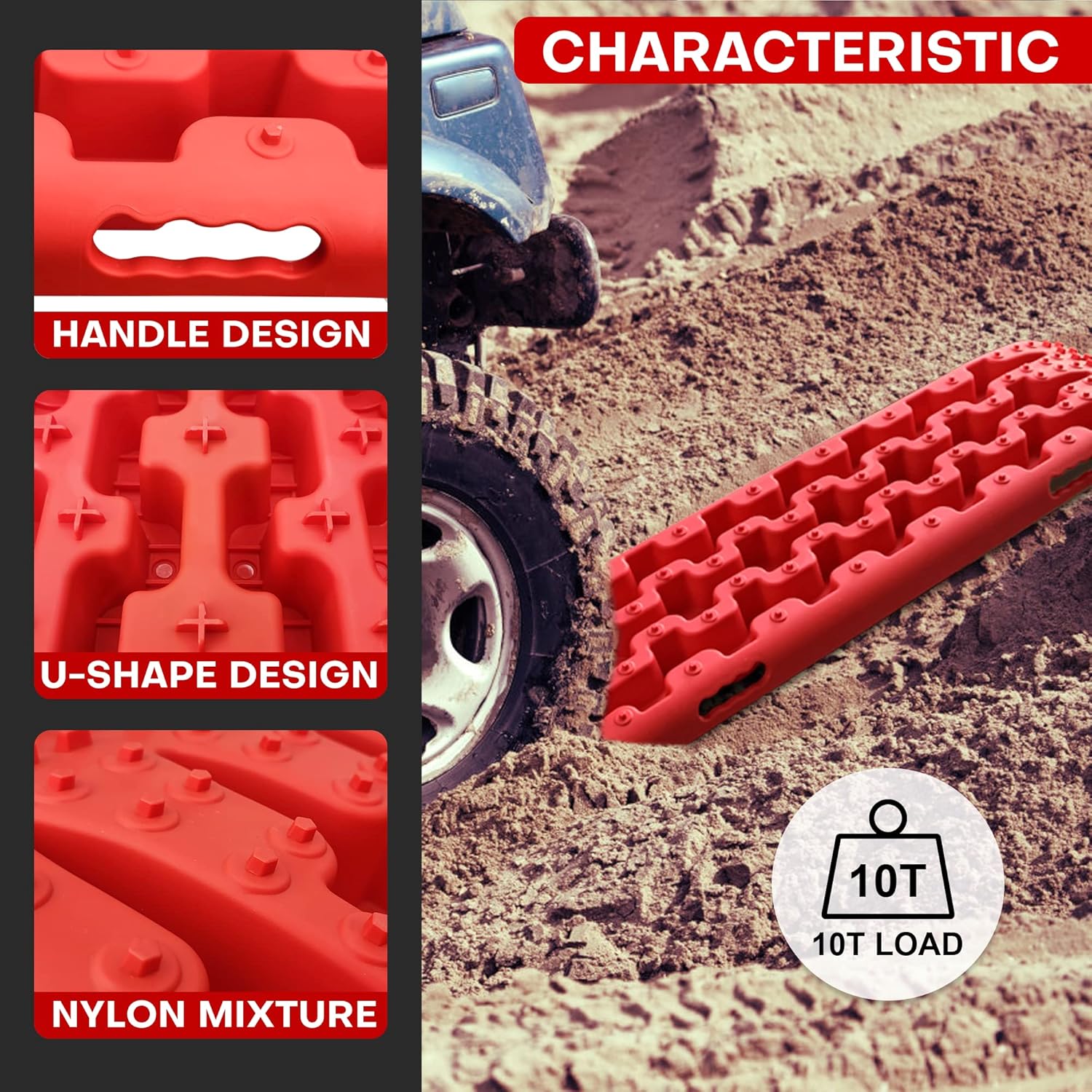YIYITOOLS Recovery Traction Tracks 2 Piece, Tire Traction Mats for Off Road Mud Sand Snow, 4WD Tire Ladder Lift Mat for Cars Trucks SUVs Vehicle Extraction, Red