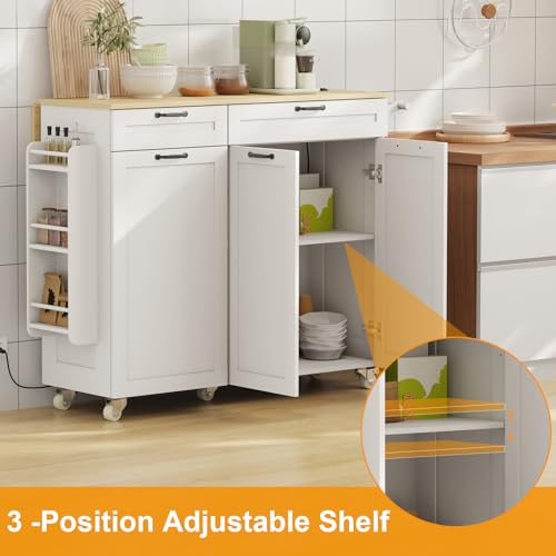 Rolling Kitchen Island with Power Outlet & Drop Leaf, Kitchen Island Cart with Trash Storage Cabinet,Kitchen Rolling Island with Spice Rack & Towel Rack, Knife Holder, Mobile Island Table for Kitchen