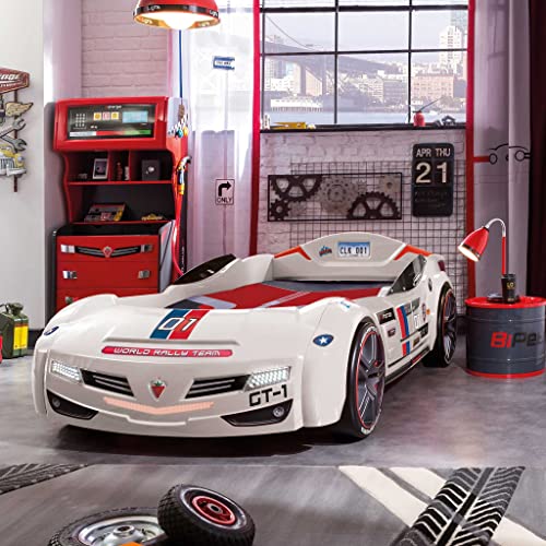 BiTurbo Twin Kids Race Car Bed Frame For Boys at age 2 to 12, Remote Controlled, LED Headlights, Engine Sound, License Plate, Black