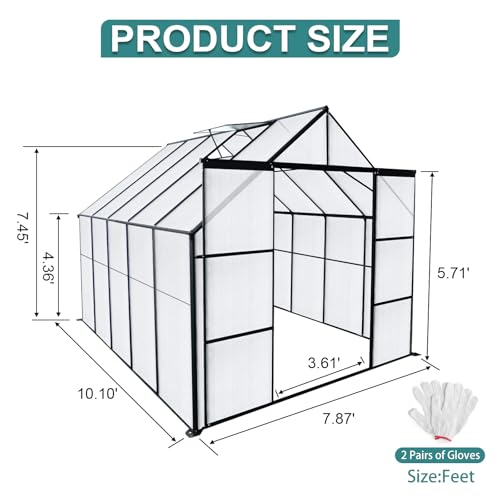 8x10FT Heavy-Duty Walk-in Greenhouse with Double Sliding Doors, Polycarbonate Panels, & Aluminum Frame, All-Season Outdoor Greenhouse with Adjustable Roof, Black