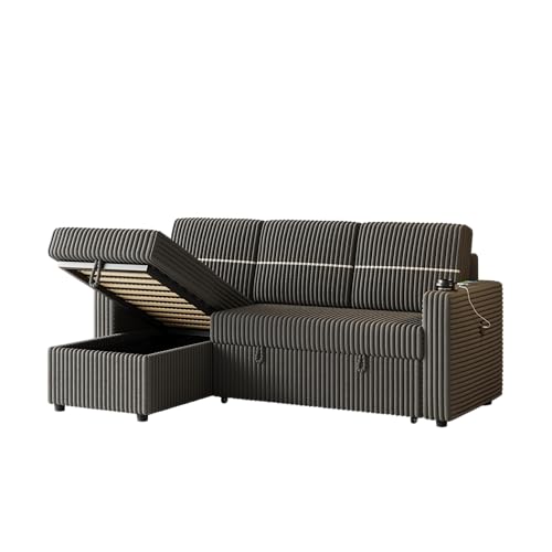 L-Shaped Sleeper Sectional Sofa Bed with Storage Chaise, Convertible Sleeper Sofa Pull Out Couch Bed, Corduroy Upholstered 3 Seater Corner Sofa with Cup-holder, USB Charge Port, Brown