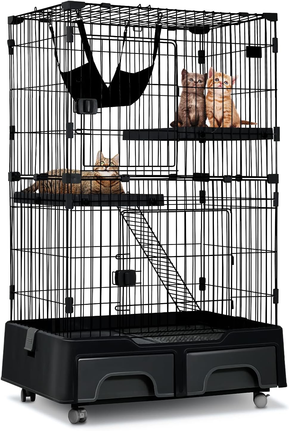 52 Inch Cat Cage Large Metal Wire Crate Cat Kennel Playpen with Litter Box & 2 Front Door & Ramp Ladders & 2 Resting Platforms Beds Tray Cage for Indoor
