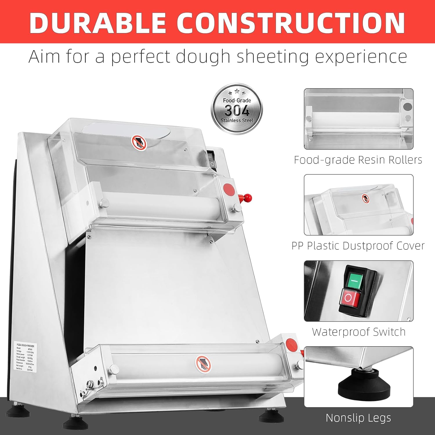 Commercial Pizza Dough Roller Sheeter, CuisinAid Max 16", Automatic 370W Electric Pizza Dough Roller, Stainless Steel, Suitable for Noodle, Pizza Bread and Pasta Maker Equipment