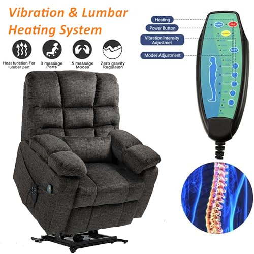 Light Grey Recliner Chair for Elderly | Tall and Big Man 400lbs | Chenille | Power Lift, Lay Flat, Stand Up, Wireless Charging Device, Extended Footrest, Massage Heat, Cup Holder, Lumbar Pillow