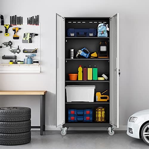 Tall Metal Garage Storage Cabinet, 72" Tool Storage Cabinet Utility Locker with Wheels, Adjustable Shelves & Locking Doors- Pantry Cabinets for Kitchen, Classroom, Bathroom, Basement Organization