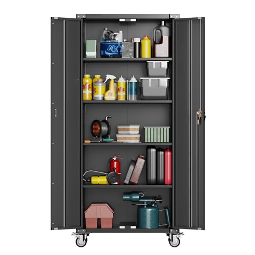 Metal Storage Cabinet with Wheels, 71" Tall Garage Storage Cabinet with 5 Tier Shelves and Locking Doors, Rolling Tool Cabinet for Garage Home Office Utility Room